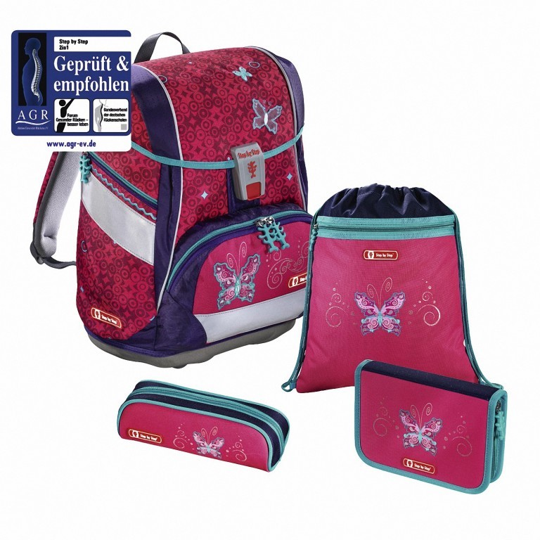 Schulranzen 2-in-1 Set 4-teilig Butterfly Dancer, Farbe: rot/weinrot, Marke: Step by Step, EAN: 4047443298874, Abmessungen in cm: 21x29x37.5, Bild 1 von 1