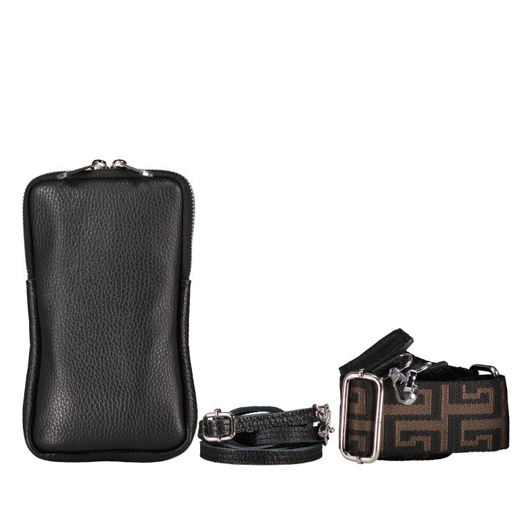 Umhängetasche / Handytasche mit austauschbaren Riemen und Silberfittings Schwarz, Farbe: schwarz, Marke: Hausfelder Manufaktur, EAN: 4065646018280, Abmessungen in cm: 11x17.5x2, Bild 1 von 6