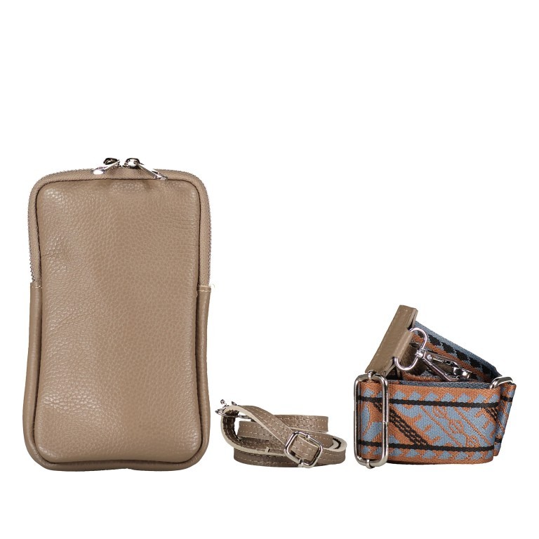 Umhängetasche / Handytasche mit austauschbaren Riemen und Silberfittings Taupe, Farbe: taupe/khaki, Marke: Hausfelder Manufaktur, EAN: 4065646018334, Abmessungen in cm: 11x17.5x2, Bild 1 von 6