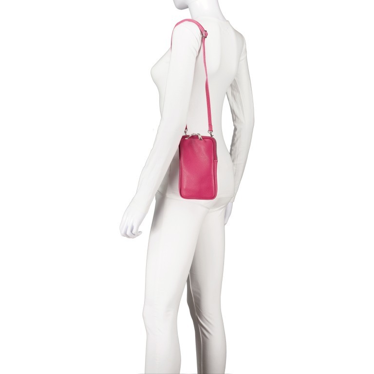 Umhängetasche / Handytasche mit austauschbaren Riemen und Silberfittings Fuchsia, Farbe: rosa/pink, Marke: Hausfelder Manufaktur, EAN: 4065646018396, Abmessungen in cm: 11x17.5x2, Bild 4 von 6