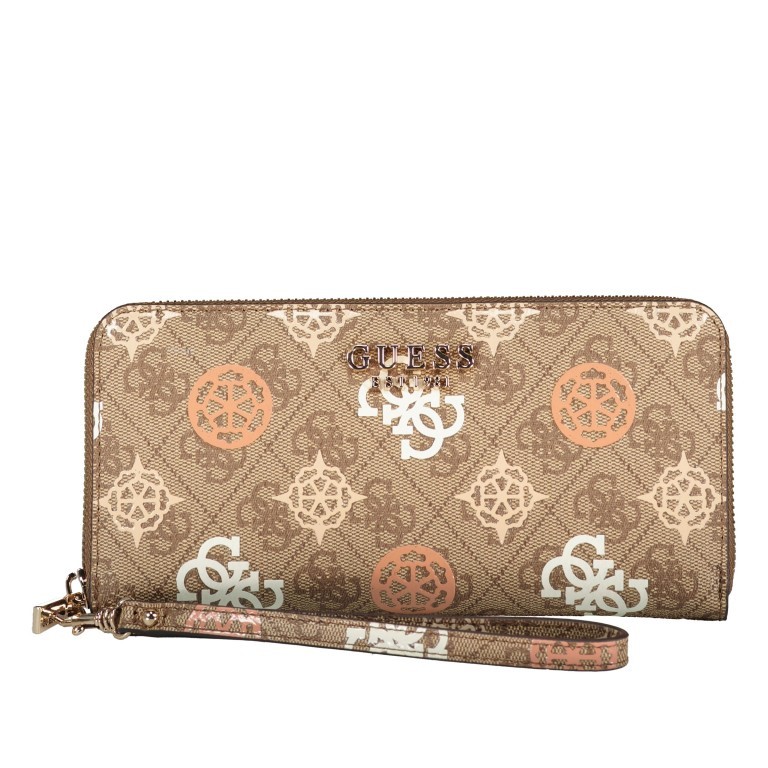 Geldbörse Eliette 4G-Logo Peony mit abnehmbarer Handschlaufe Latte Multi, Farbe: cognac, Marke: Guess, EAN: 0190231812371, Abmessungen in cm: 21x10x2, Bild 1 von 5