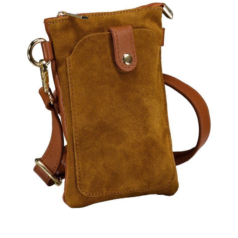 Umhängetasche / Handytasche Velours mit Goldfittings, Farbe: braun, taupe/khaki, beige, Marke: Hausfelder Manufaktur, Abmessungen in cm: 14.5x21x1.7, Bild 2 von 6