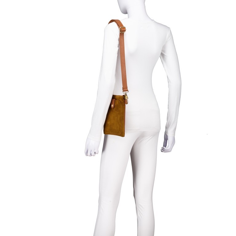 Umhängetasche / Handytasche Velours mit Goldfittings, Farbe: braun, taupe/khaki, beige, Marke: Hausfelder Manufaktur, Abmessungen in cm: 14.5x21x1.7, Bild 4 von 6