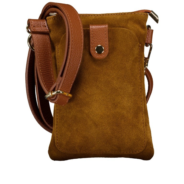 Umhängetasche / Handytasche Velours mit Goldfittings, Farbe: braun, taupe/khaki, beige, Marke: Hausfelder Manufaktur, Abmessungen in cm: 14.5x21x1.7, Bild 1 von 6