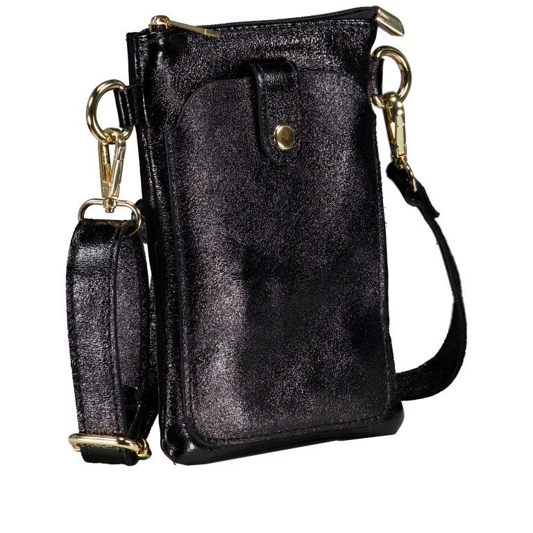 Umhängetasche / Handytasche Laminato mit Goldfittings, Farbe: schwarz, metallic, Marke: Hausfelder Manufaktur, Abmessungen in cm: 14.5x21x1.7, Bild 2 von 6