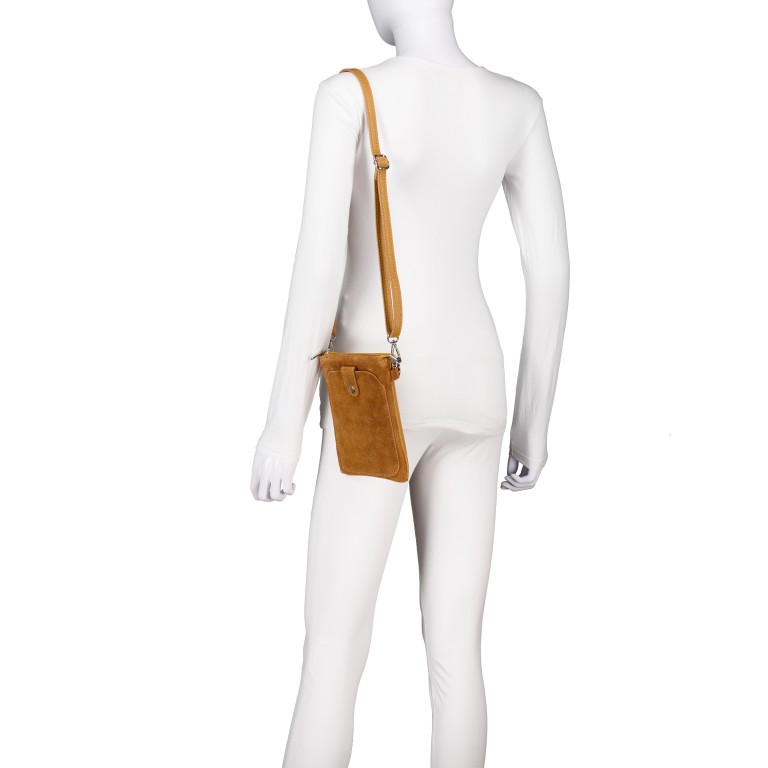 Umhängetasche / Handytasche Velours mit Silberfittings, Farbe: braun, taupe/khaki, beige, Marke: Hausfelder Manufaktur, Abmessungen in cm: 14x21x1.7, Bild 4 von 6