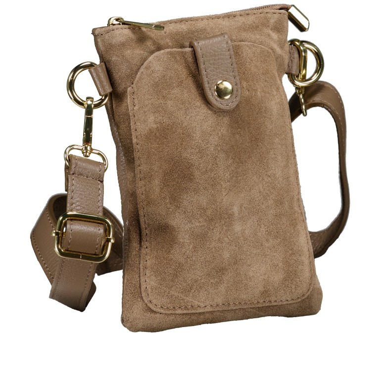 Umhängetasche / Handytasche Velours mit Goldfittings Taupe, Farbe: taupe/khaki, Marke: Hausfelder Manufaktur, EAN: 4065646025035, Abmessungen in cm: 14.5x21x1.7, Bild 2 von 6