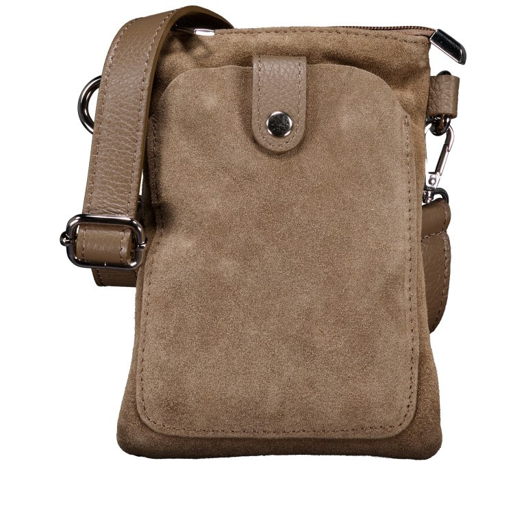 Umhängetasche / Handytasche Velours mit Silberfittings Taupe, Farbe: taupe/khaki, Marke: Hausfelder Manufaktur, EAN: 4065646025080, Abmessungen in cm: 14.5x21x1.7, Bild 1 von 6