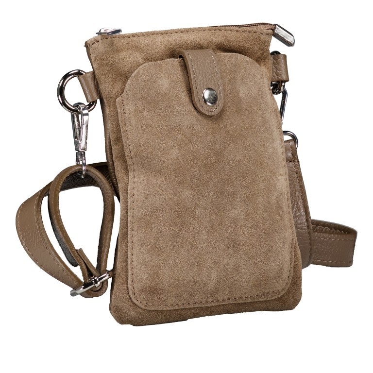 Umhängetasche / Handytasche Velours mit Silberfittings Taupe, Farbe: taupe/khaki, Marke: Hausfelder Manufaktur, EAN: 4065646025080, Abmessungen in cm: 14.5x21x1.7, Bild 2 von 6