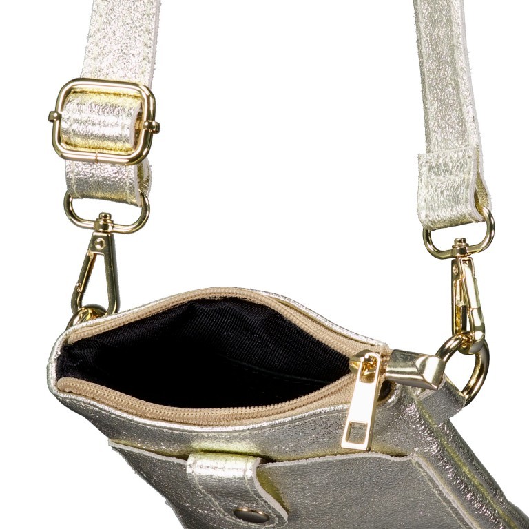 Umhängetasche / Handytasche Laminato mit Goldfittings Gold, Farbe: metallic, Marke: Hausfelder Manufaktur, EAN: 4065646025233, Abmessungen in cm: 14.5x21x1.7, Bild 6 von 6