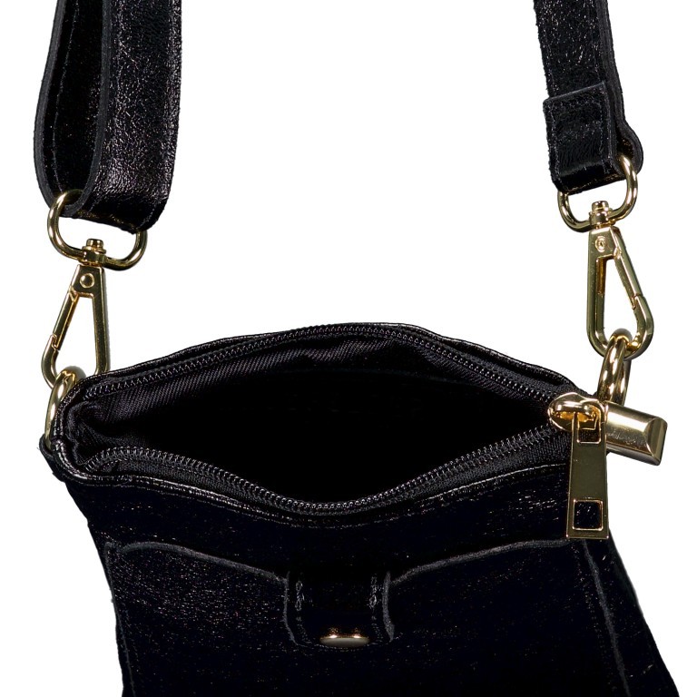 Umhängetasche / Handytasche Laminato mit Goldfittings Schwarz, Farbe: schwarz, Marke: Hausfelder Manufaktur, EAN: 4065646025257, Abmessungen in cm: 14.5x21x1.7, Bild 6 von 6