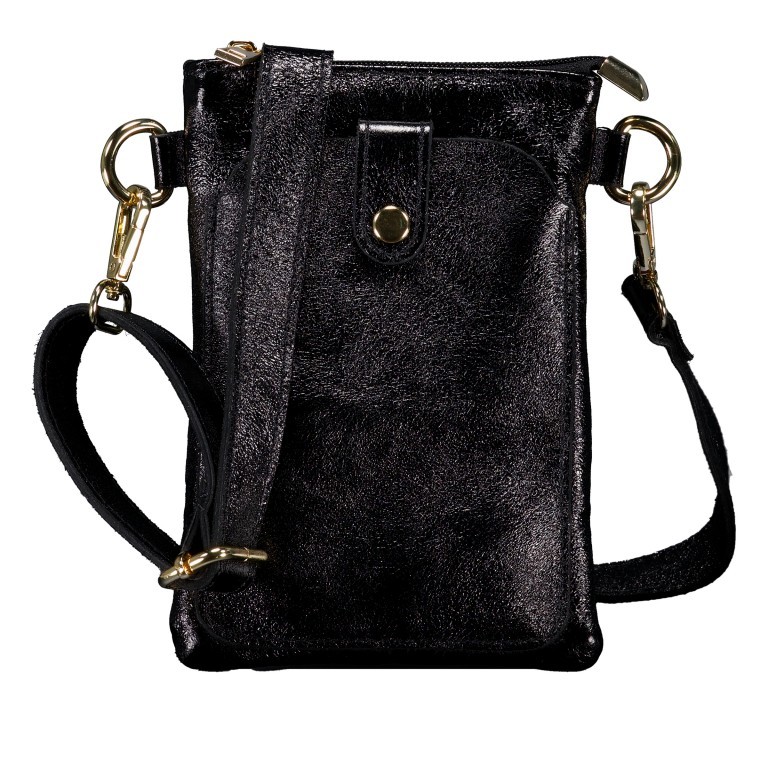 Umhängetasche / Handytasche Laminato mit Goldfittings Schwarz, Farbe: schwarz, Marke: Hausfelder Manufaktur, EAN: 4065646025257, Abmessungen in cm: 14.5x21x1.7, Bild 1 von 6