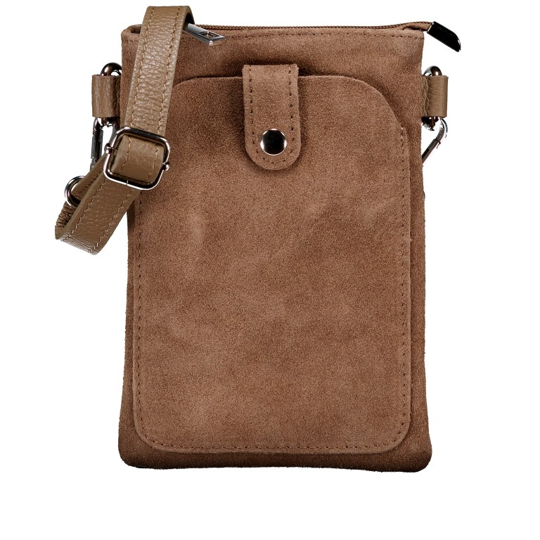 Umhängetasche / Handytasche Velours mit Silberfittings Taupe, Farbe: taupe/khaki, Marke: Hausfelder Manufaktur, EAN: 4065646026537, Abmessungen in cm: 14x21x1.7, Bild 1 von 6