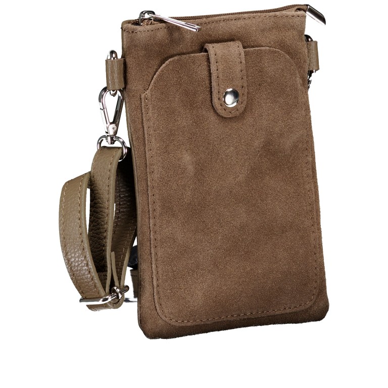 Umhängetasche / Handytasche Velours mit Silberfittings Taupe, Farbe: taupe/khaki, Marke: Hausfelder Manufaktur, EAN: 4065646026537, Abmessungen in cm: 14x21x1.7, Bild 2 von 6