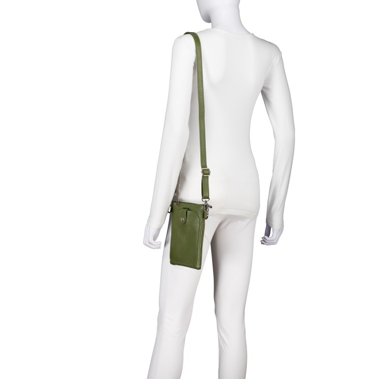 Umhängetasche / Handytasche mit Silberfittings Oliv, Farbe: grün/oliv, Marke: Hausfelder Manufaktur, EAN: 4065646028920, Abmessungen in cm: 14.5x21x1.7, Bild 4 von 6