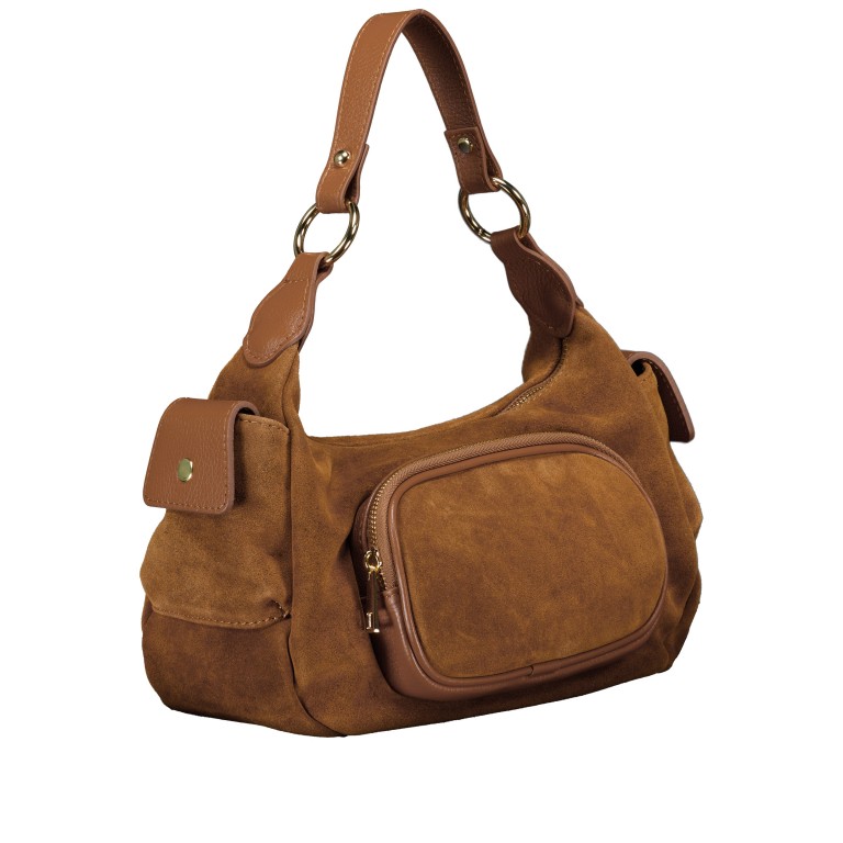 Beuteltasche Velours mit Goldfittings, Farbe: braun, cognac, beige, Marke: Hausfelder Manufaktur, Abmessungen in cm: 28.5x20.5x12.5, Bild 2 von 8