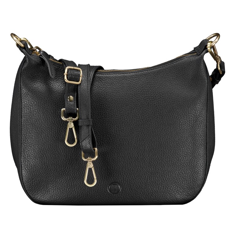 Beuteltasche mit Goldfittings, Farbe: schwarz, blau/petrol, beige, weiß, Marke: Hausfelder Manufaktur, Abmessungen in cm: 30x26.5x9, Bild 1 von 7