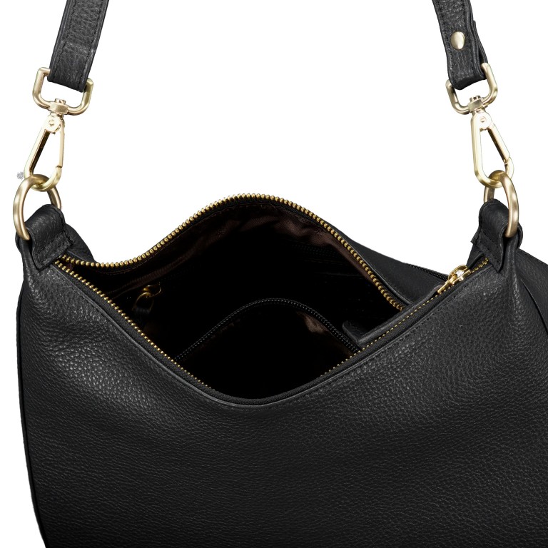 Beuteltasche mit Goldfittings, Farbe: schwarz, blau/petrol, beige, weiß, Marke: Hausfelder Manufaktur, Abmessungen in cm: 30x26.5x9, Bild 7 von 7