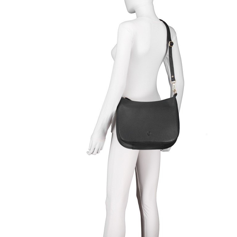 Beuteltasche mit Goldfittings, Farbe: schwarz, blau/petrol, beige, weiß, Marke: Hausfelder Manufaktur, Abmessungen in cm: 30x26.5x9, Bild 6 von 7