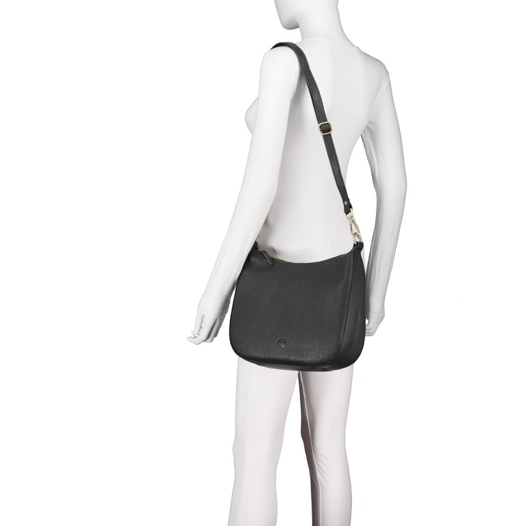 Beuteltasche mit Goldfittings, Farbe: schwarz, blau/petrol, beige, weiß, Marke: Hausfelder Manufaktur, Abmessungen in cm: 30x26.5x9, Bild 5 von 7