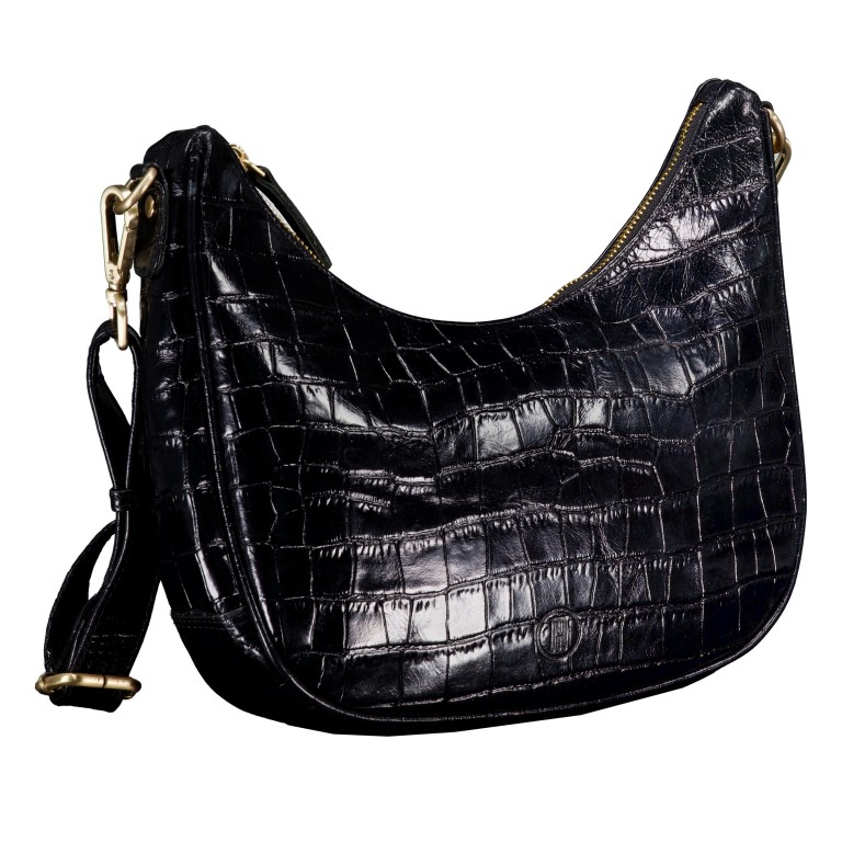 Beuteltasche Kroko, Farbe: schwarz, beige, Marke: Hausfelder Manufaktur, Abmessungen in cm: 27x24x6.5, Bild 2 von 6