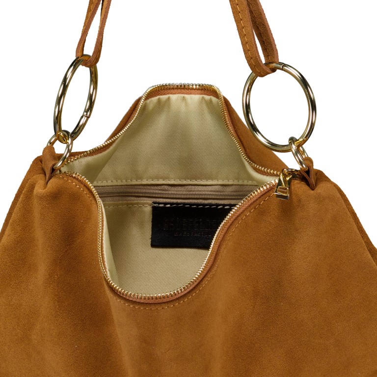 Beuteltasche Velours mit Goldfittings, Farbe: blau/petrol, cognac, taupe/khaki, grün/oliv, beige, Marke: Hausfelder Manufaktur, Abmessungen in cm: 32.5x29x3, Bild 7 von 7