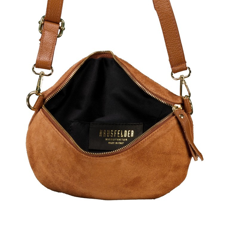 Gürteltasche / Umhängetasche Velours mit Goldfittings, Farbe: braun, beige, Marke: Hausfelder Manufaktur, Abmessungen in cm: 24x14x8, Bild 6 von 6