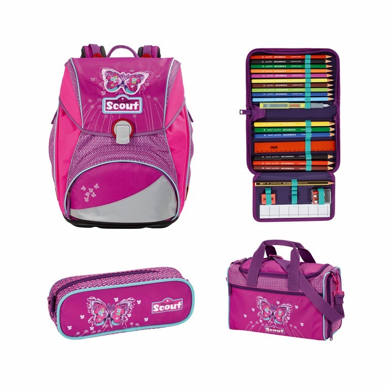 Schulranzen Alpha Set 4-teilig Purple Butterfly, Farbe: rosa/pink, Marke: Scout, Abmessungen in cm: 32x40x25, Bild 1 von 9