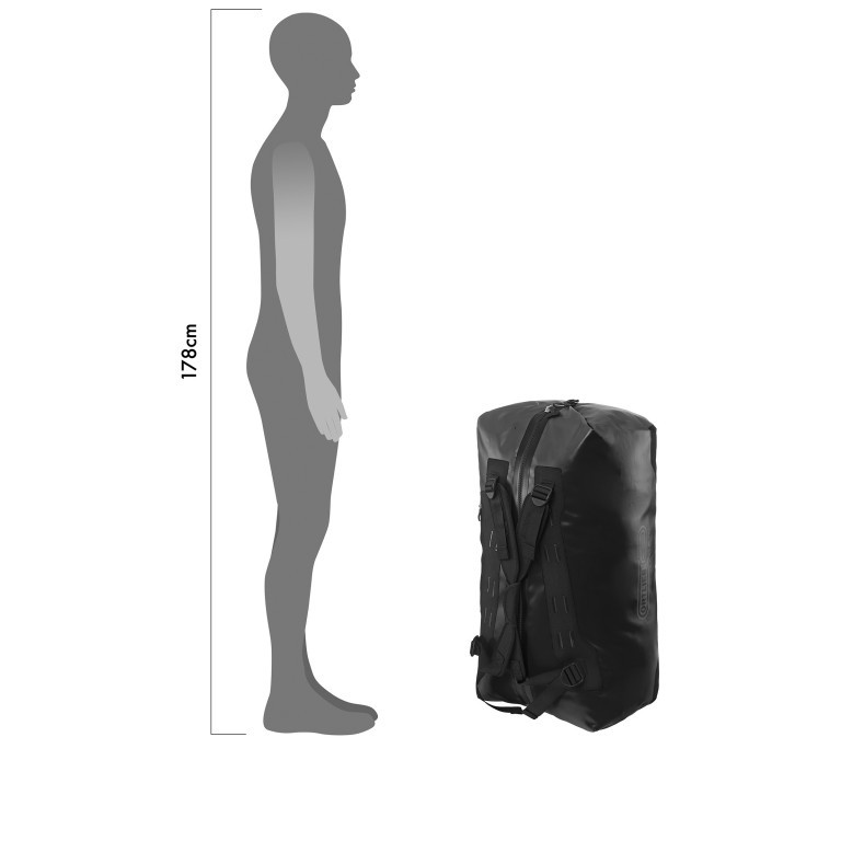 Reisetasche Duffle Volumen 110 Liter, Farbe: schwarz, grün/oliv, Marke: Ortlieb, Abmessungen in cm: 70x34x46, Bild 5 von 10