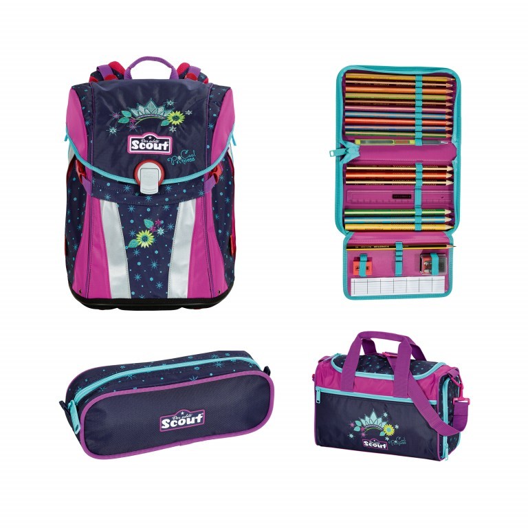 Schulranzen Sunny Set 4-teilig Cool Princess, Farbe: blau/petrol, Marke: Scout, Abmessungen in cm: 30x39x20, Bild 1 von 9