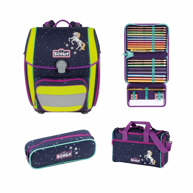 Schulranzen Genius Set 4-teilig Einhorn, Farbe: blau/petrol, Marke: Scout, EAN: 4007953418247, Abmessungen in cm: 31x29x22, Bild 1 von 10