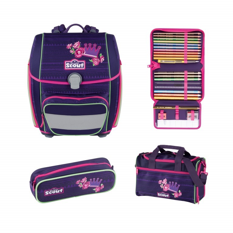 Schulranzen Genius Set 4-teilig Flower Princess, Farbe: flieder/lila, Marke: Scout, EAN: 4007953419572, Abmessungen in cm: 31x29x22, Bild 1 von 10